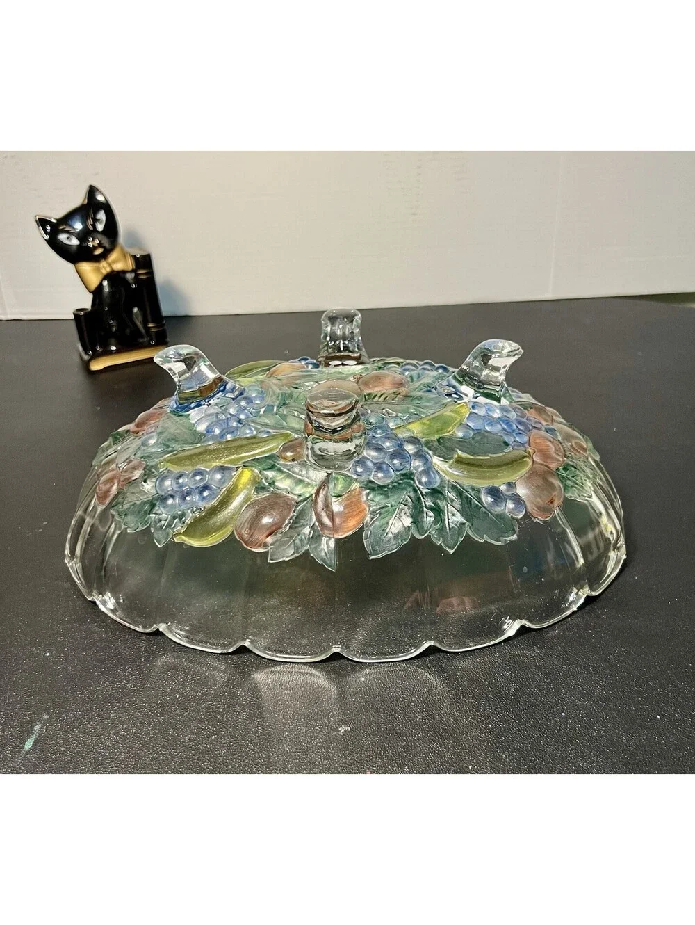 Indiana Glass 1960s Garland Flashed Fruit Oval Three-Footed Bowl, 12x8.5x4.5”